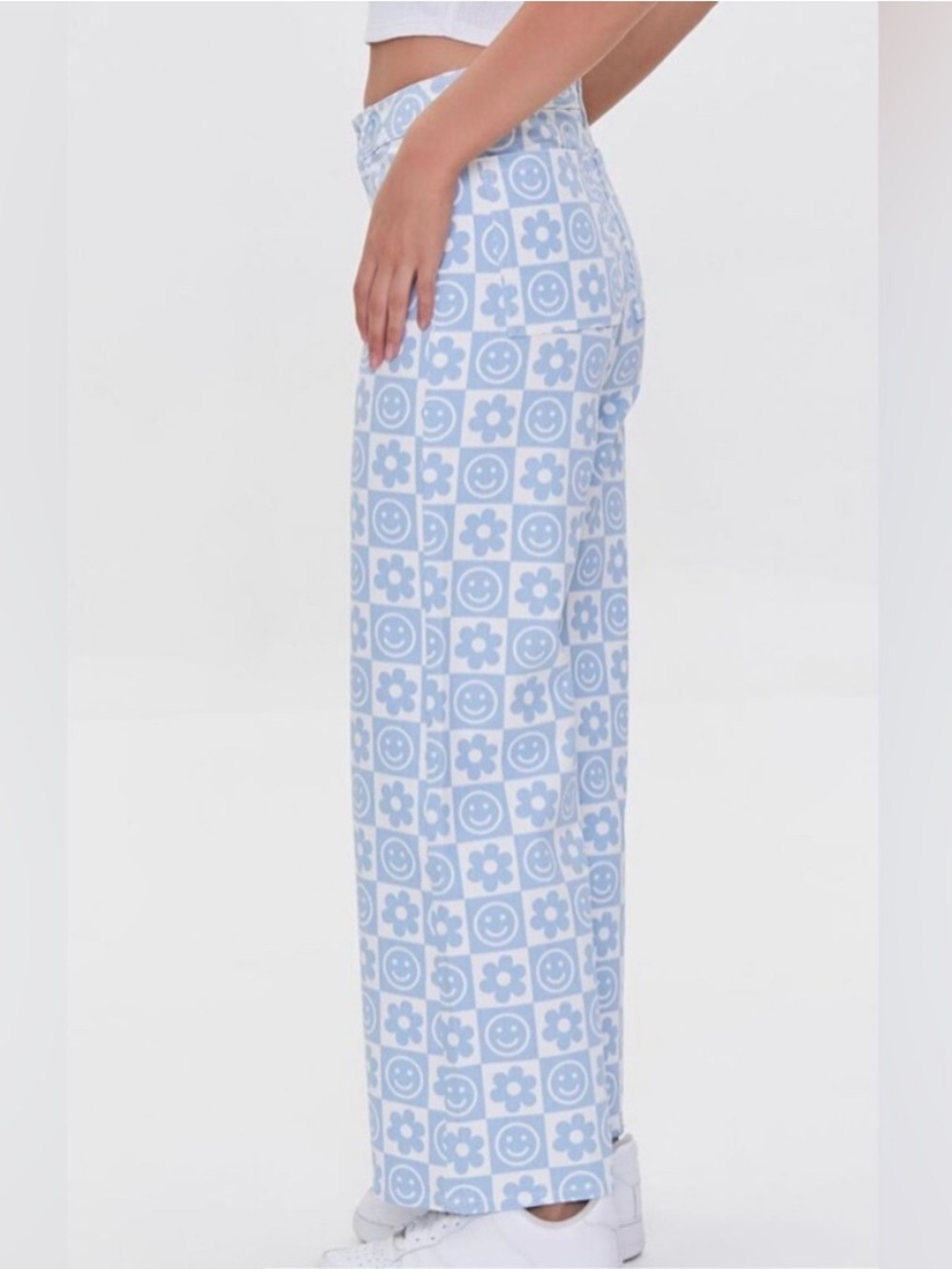 Forever 21 blue white checkered smiley face flower 70’s wide leg jean pants 27 - Picture 7 of 8